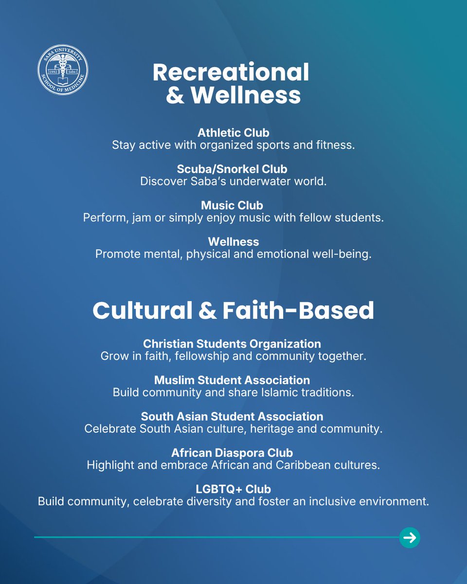 sabamedschool's tweet photo. #MedSchool is about more than just studying, it’s about finding your community! 💙
Student clubs at #SabaMedSchool give every #FutureDoctor a place to build leadership skills, explore new passions and stay balanced.
Which club are you joining this semester? Let us know! 👇 https://t.co/81U85iEvK5