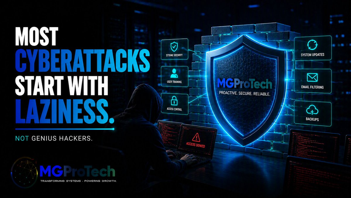 MGProTechCA's tweet photo. Most cyberattacks don’t start with some genius hacker breaking through impossible defenses.

They start with something basic being overlooked.

An unpatched system.
A weak password.
A phishing email.
Too much access.
A backup that was never tested.

Good cybersecurity is mostly about doing the fundamentals well, and doing them consistently.

Patch. Train. Control access. Filter. Back up. Repeat.

The boring stuff is often what keeps the business safe.

#MGProTech #Cybersecurity #ITSecurity #CyberAwareness #Phishing #AccessControl #DataProtection #NetworkSecurity #ManagedIT #ITSupport #CyberDefense #BusinessSecurity