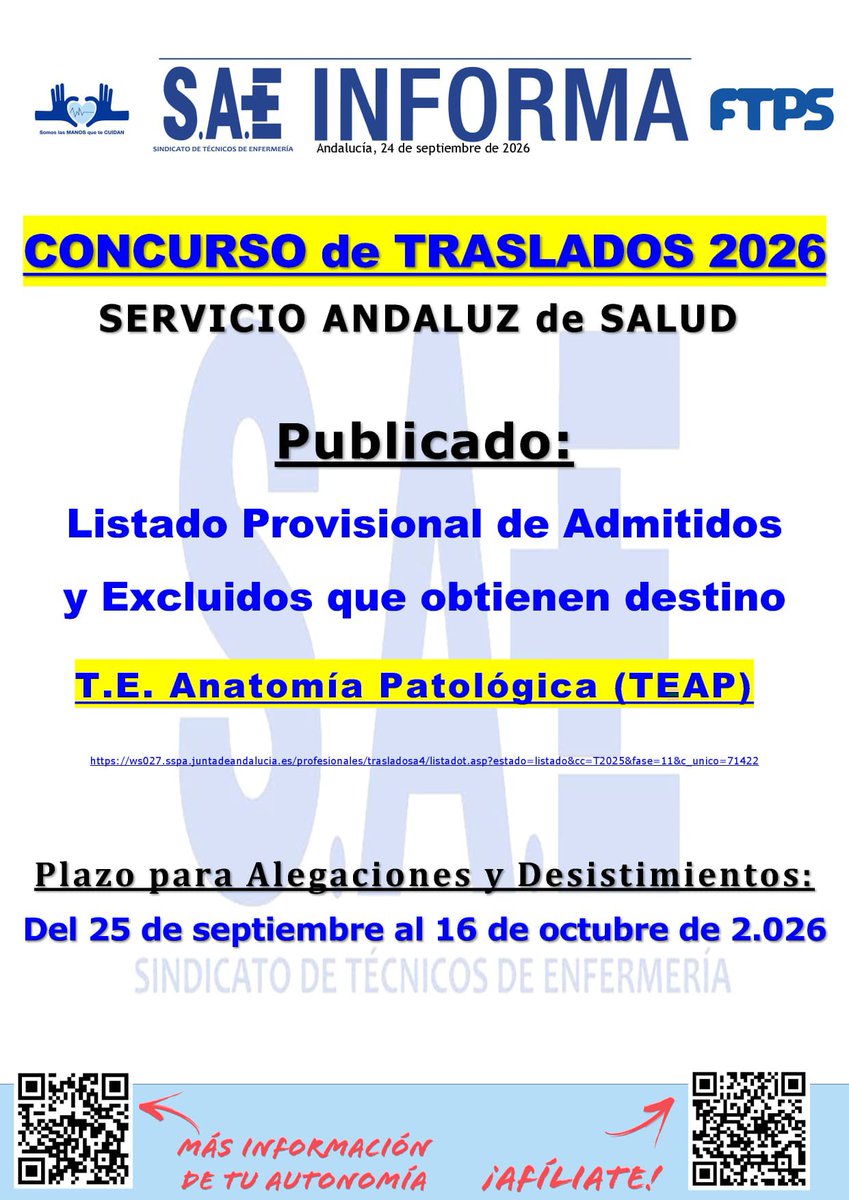 sae_sevilla's tweet photo. #SAEAndalucíaInforma | 📢 Publicado Listado Provisional de Admitidos y Excluidos que obtienen Destino - Concurso de #Traslados 2025-2026 categoría #TEAP #SAS

➕Información en tu Sección Sindical #SAEAndalucía 🙂👍

#SomosLasManosQueTeCuidan https://t.co/F4rfNtXD1N
