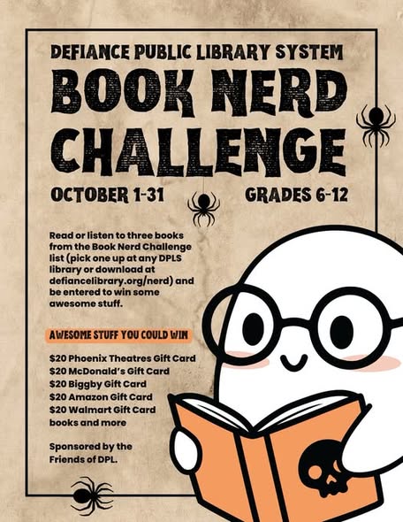 dplslibraries's tweet photo. DPLS’s annual Book Nerd Challenge for grades 6-12 will take place from Oct. 1-31!

Read or listen to at least 3 books from the given categories below. Complete the challenge &amp; return the form or email it to prellstab@defiancelibrary.org for a chance to win one of 5 great prizes! https://t.co/hvhlPHadeq