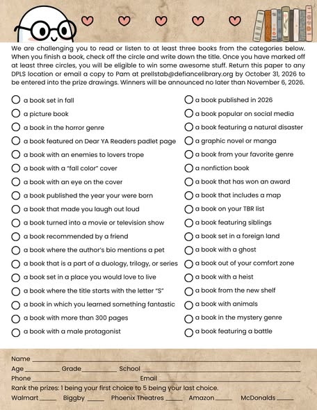 dplslibraries's tweet photo. DPLS’s annual Book Nerd Challenge for grades 6-12 will take place from Oct. 1-31!

Read or listen to at least 3 books from the given categories below. Complete the challenge &amp; return the form or email it to prellstab@defiancelibrary.org for a chance to win one of 5 great prizes! https://t.co/hvhlPHadeq