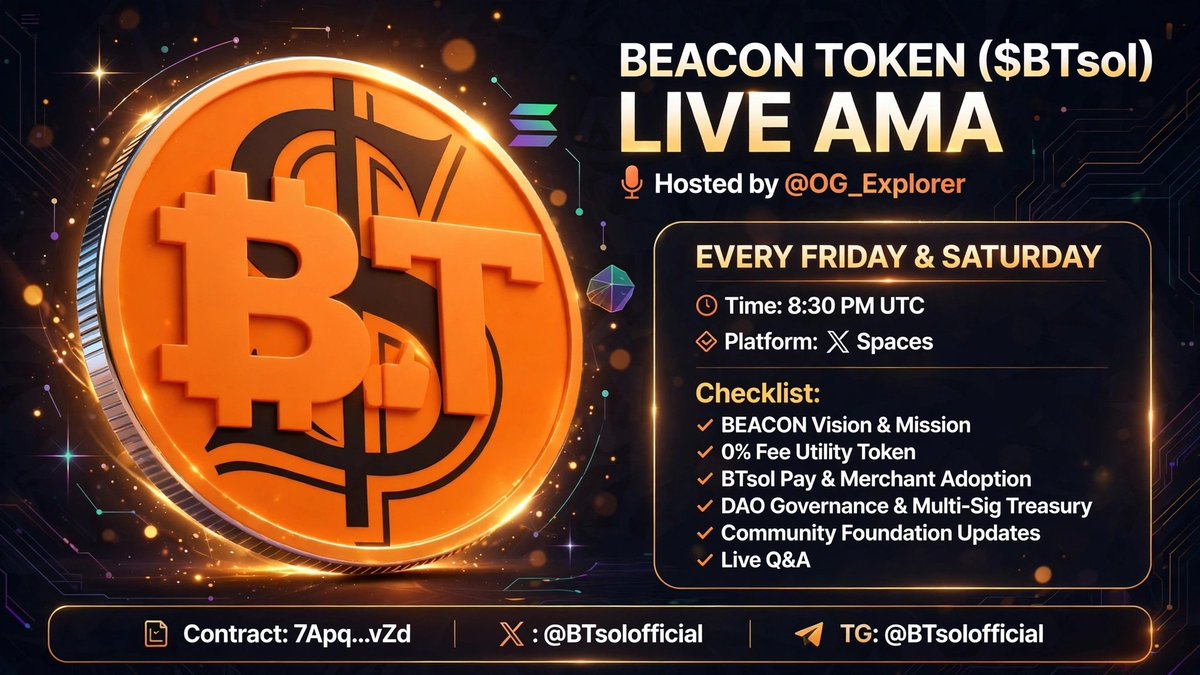 BTsolofficial's tweet photo. 🚨 $BTsol LIVE AMA TOMORROW 🚨

📅 Fri, 25 Sept 2026
⏰ 8:30 PM UTC
📍 X Spaces
Host: @OG_Explorer

Vision, 0% Fee, BTsol Pay, DAO + Live Q&amp;A

🔍 https://t.co/5vcoaWDsqi

#BTsol #SolanaEcosystem #CryptoAssets #cryptonewsdaily #CryptoPayments https://t.co/7ThvsxLt66