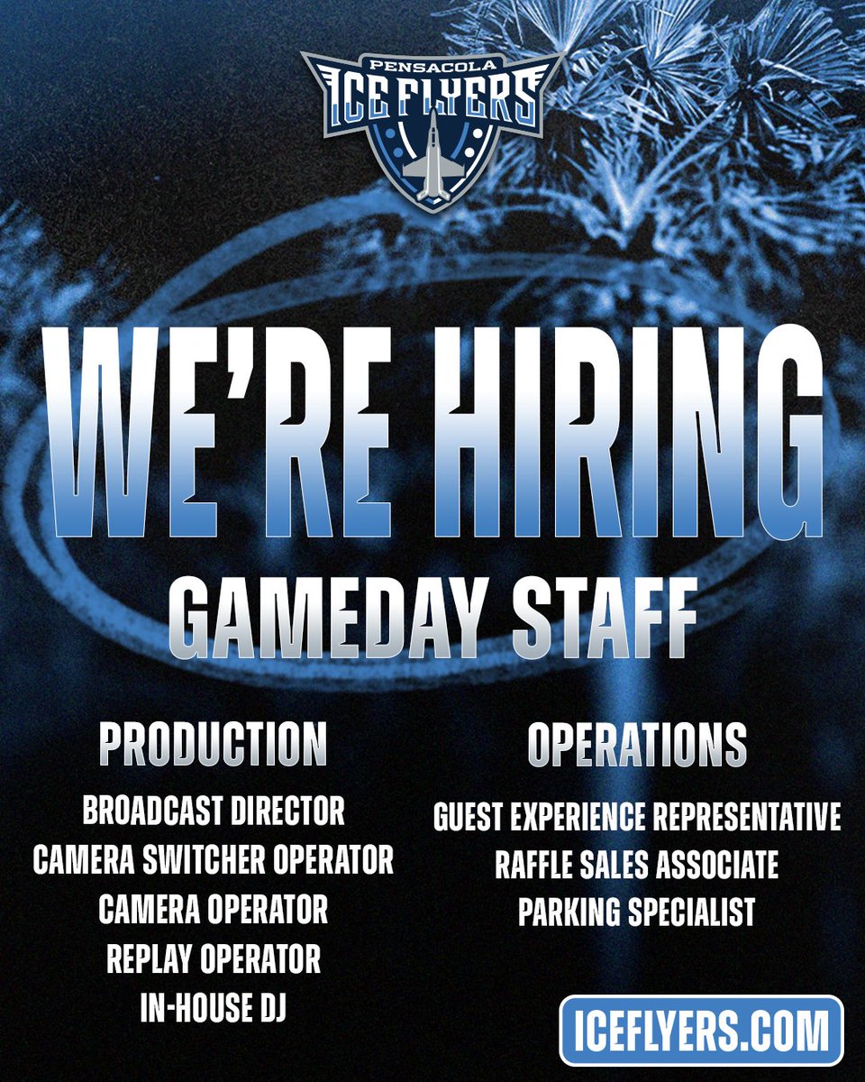 PcolaIceFlyers's tweet photo. The best nights at the Hangar take a crew! We're hiring game day staff for the 2026-27 season! #FlyAsOne

Apply: https://t.co/eJh8qtQGnP https://t.co/mCYGsVp53Z