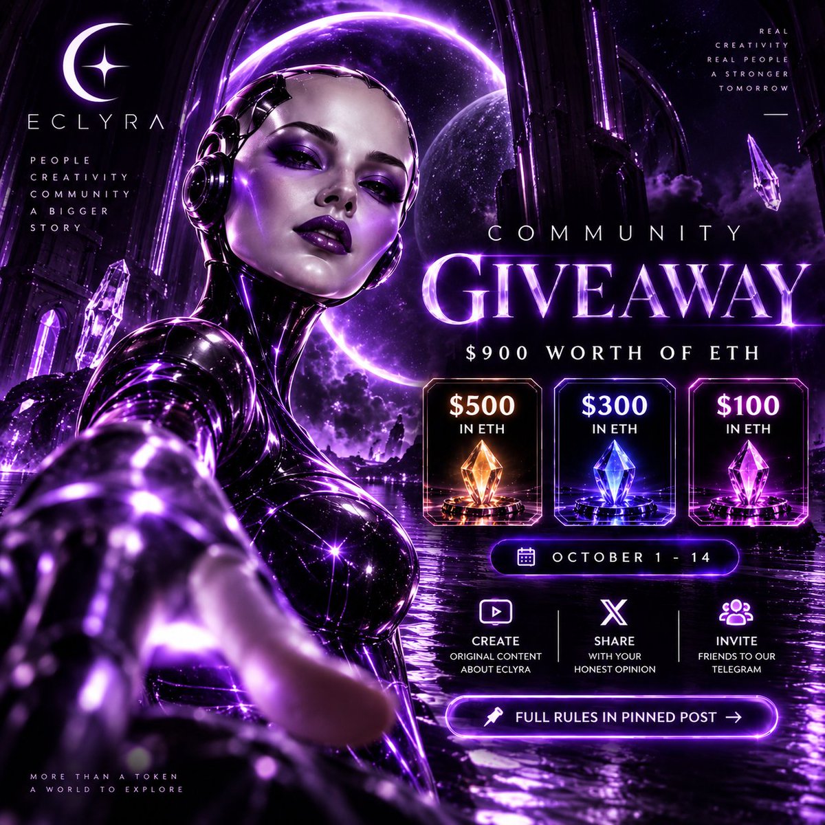 EclyraCoin's tweet photo. 🌙 THE COUNTDOWN IS ON.

The ECLYRA Community Giveaway is getting closer. 💜
$900 worth of ETH.
3 winners.
1 community.
🥇 $500 in ETH
🥈 $300 in ETH
🥉 $100 in ETH
This isn’t about buying $ECLYRA.
It’s about creativity, participation and bringing new people into the world we’re building together.
🎬 Create.
✦ Share.
🫂 Invite.
October 1–14.
Full rules are in our pinned post.
The giveaway is real.
The prizes are real.
And ECLYRA is just getting started. 🌑💜

Who’s joining us? 👇