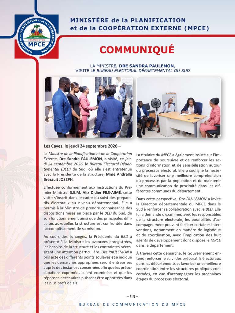 MPCEHa's tweet photo. La Ministre, Dre Sandra PAULEMON, visite le Bureau Électoral Départemental du Sud https://t.co/Rvx3E2QGre