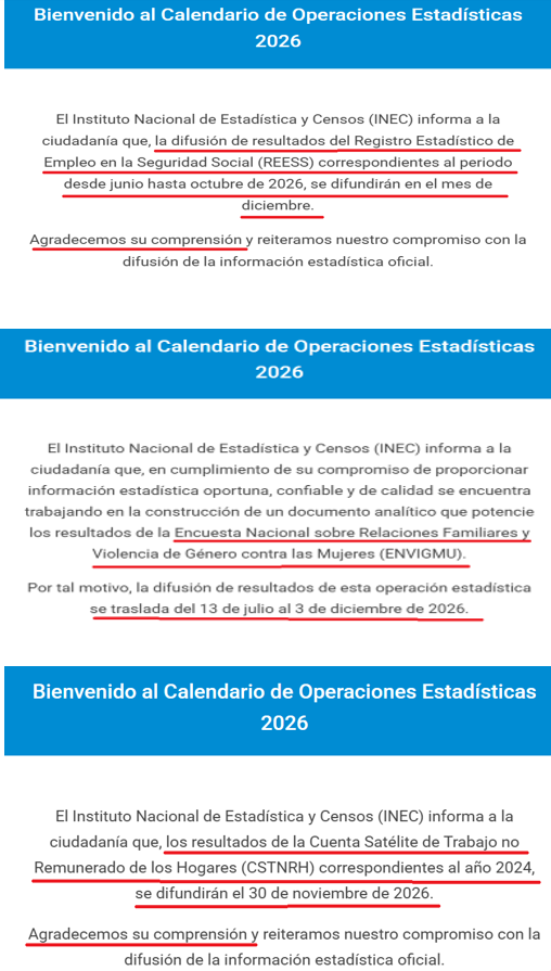 dolarizacionEc's tweet photo. Las estadísticas que perjudicarían al gobierno se dejan de publicar. Las estadísticas que se publican, deben hablar bien del "Nuevo Ecuador", al menos hasta el 29 de noviembre:

El mismo Banco Central que publicó dos días después del balotaje presidencial (segunda vuelta) del 13 de abril de 2025 la caída aparatosa de la actividad económica (-2% PIB) y que antes mantuvo estimaciones positivas, ahora dice que a finales de 2026, el PIB pasará de 2,5% a 2,7%👇. Es decir, los apagones inminentes y el fenómeno de “El Niño”, en el peor escenario y en términos agregados, no terminará perjudicando a la actividad económica 2026, aunque sí en 2027.

Según la CEPAL, el Ecuador, junto a Perú y Colombia, serán los países de la región donde se concentrarán las pérdidas del fenómeno de El Niño. Recientemente el Banco Central de Perú, dado el fenómeno de El Niño más destructivo de la historia, revisó a la baja la proyección de crecimiento del PIB de 3,4% a 3,2% para 2026 y de 3,2% a 3,0% para 2027. Llama la atención el escenario optimista de crecimiento económico 2026 del Banco Central del Ecuador. Probablemente hagan  una nueva revisión y los resultados se publicarán después del 29 de noviembre.

Por otro lado, y más preocupante, el INEC del Nuevo Ecuador decidió por tercer mes consecutivo no publicar los resultados de la Encuesta Nacional de Empleo, Desempleo y Subempleo (ENEMDU) que usualmente tienen un mes de rezago (evolución mensual). Sin estos resultados, sencillamente no se puede evaluar y contrastar el desempeño del mercado laboral. El desempeño interanual hasta mayo no mostró mejoras significativas. Asimismo en julio, con corte al primer semestre 2026, también se debieron publicar las estadísticas de la pobreza que se desprenden de la misma encuesta y no lo hicieron. Algunas estadísticas si dicen abiertamente que se publicarán después del 29 de noviembre👇 , pero los datos de empleo y pobreza no se justifica la postergación continua en la difusión de resultados. 

La @AsambleaEcuador debería llamar urgente a la Directora del @Ecuadorencifras para que explique y transparente las razones de la postergación de estadísticas establecidas previamente en el calendario estadístico 2026.