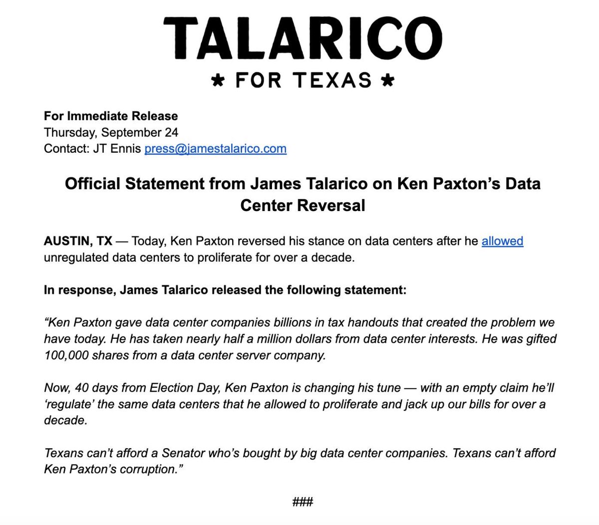 jt_ennis's tweet photo. Official Statement from James Talarico on Ken Paxton’s Data Center Reversal https://t.co/Mx0uKEITsS