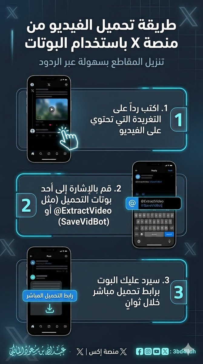 3bd4lluh's tweet photo. 💡 أسهل طريقة لتحميل الفيديوهات من منصة X (تويتر) مجاناً وبدون برامج:

1️⃣ اكتب رد على التغريدة اللي فيها الفيديو.
2️⃣ منشن أحد بوتات التحميل مثل ExtractVideo@ أو 
SaveVidBot@.
3️⃣ يوصلك رابط التحميل المباشر خلال ثوانٍ! 👇

#منصة_X #تحميل_فيديو #تويتر #تقنية https://t.co/oshdu3FJSF