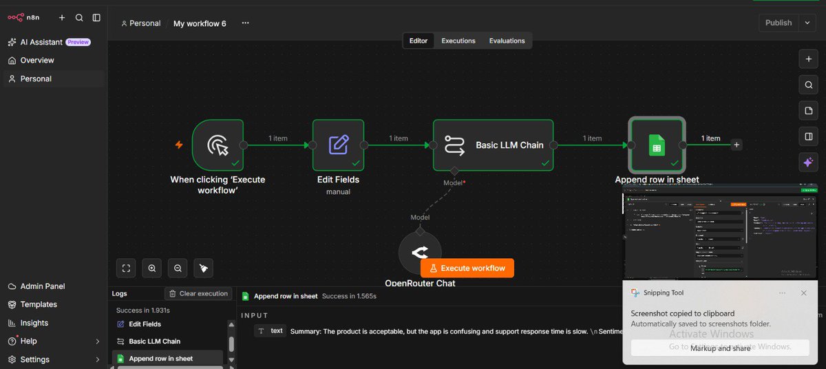 Critical2811's tweet photo. Just forgot to paste my day 5 project on n8n
I designed and Built an n8n automation that uses AI to summarise customer feedback, label its sentiment, and save it to Google Sheets. Tested with 3 inputs, and it worked each time.
https://t.co/XroFdqGL8P https://t.co/ve5dSTAxXl