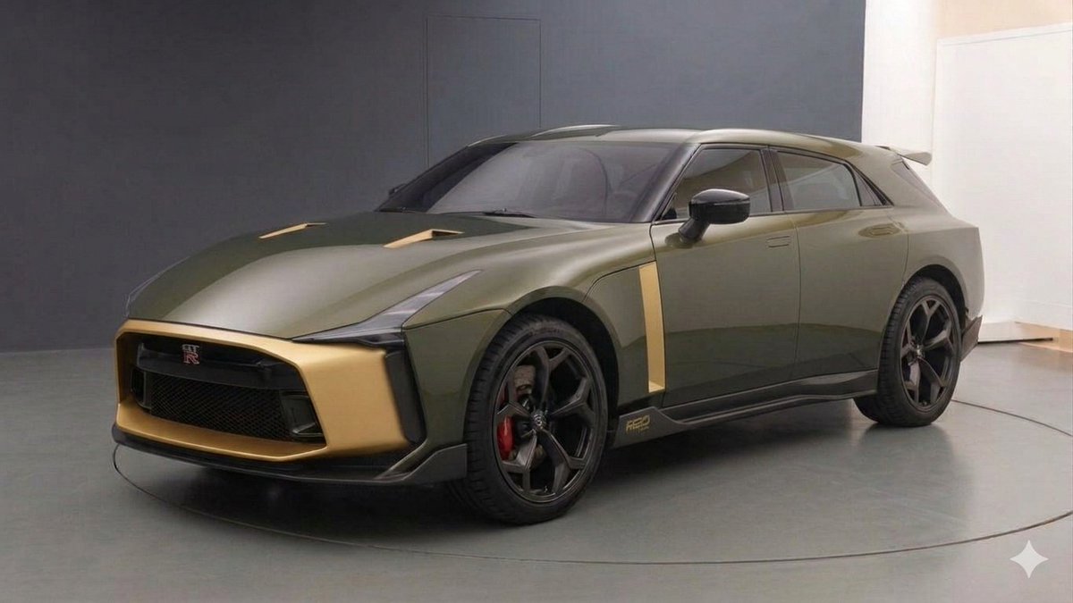AsperisTerra's tweet photo. Nissan GT-R50 Shooting Brake concept. ⚡️ A 5-door high-performance SUV prototype that blends Godzilla's iconic styling cues with an aggressive, ultra-sleek roofline. Draped in its signature liquid metallic grey and gold livery. 🇯🇵🔥 #GTR #Nissan #ConceptCar #ShootingBrake https://t.co/l0L1EWrshs