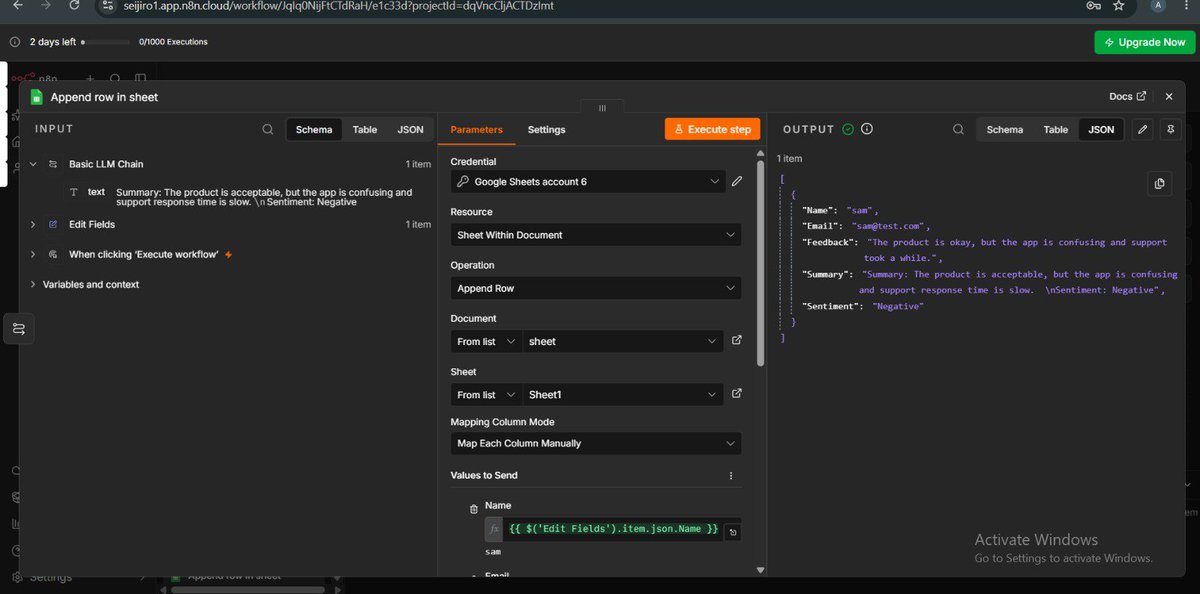 Critical2811's tweet photo. Just forgot to paste my day 5 project on n8n
I designed and Built an n8n automation that uses AI to summarise customer feedback, label its sentiment, and save it to Google Sheets. Tested with 3 inputs, and it worked each time.
https://t.co/XroFdqGL8P https://t.co/ve5dSTAxXl