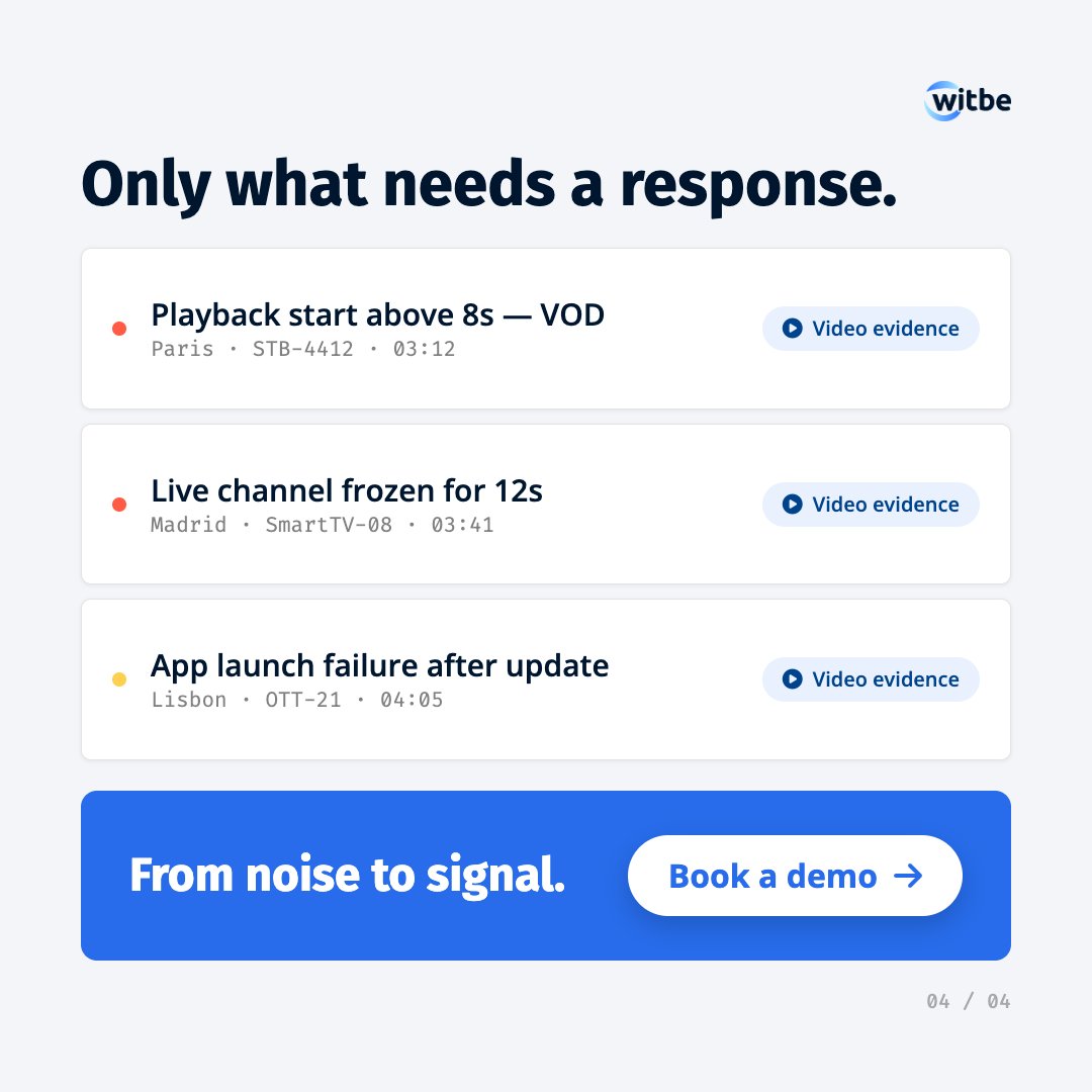 witbe's tweet photo. What if your NOC queue only held the alerts worth acting on? 🎯

Witbe pairs agentic AI with deterministic logic. False positives out. Real issues in, backed by video evidence from real devices.

From noise to signal for a faster MTTR.

Book a demo 👉 https://t.co/eu34YaQvHu https://t.co/icWZFipn8Y