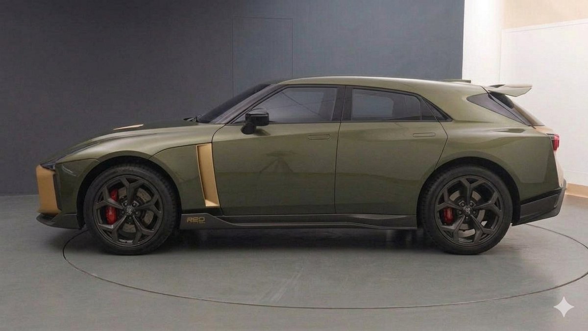 AsperisTerra's tweet photo. Nissan GT-R50 Shooting Brake concept. ⚡️ A 5-door high-performance SUV prototype that blends Godzilla's iconic styling cues with an aggressive, ultra-sleek roofline. Draped in its signature liquid metallic grey and gold livery. 🇯🇵🔥 #GTR #Nissan #ConceptCar #ShootingBrake https://t.co/l0L1EWrshs