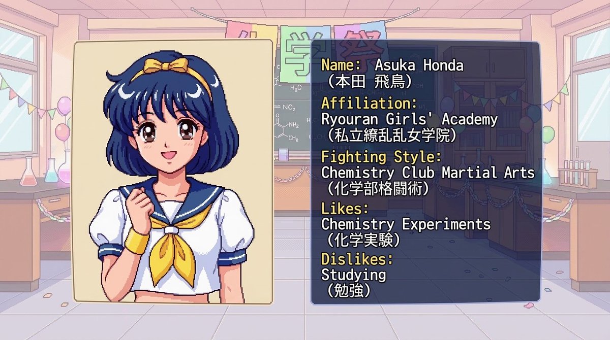 letmebecool_dev's tweet photo. NEW CHALLENGER! 🧪✨
ASUKA HONDA — Asuka 120% Burning Fest. (32-bit mockup)
The Chemistry Club representative joins the fight! 🥋💥
#pixelart #ドット絵 #FGCArt #retrodev #indiedev #Asuka120 https://t.co/RWblbFnD47