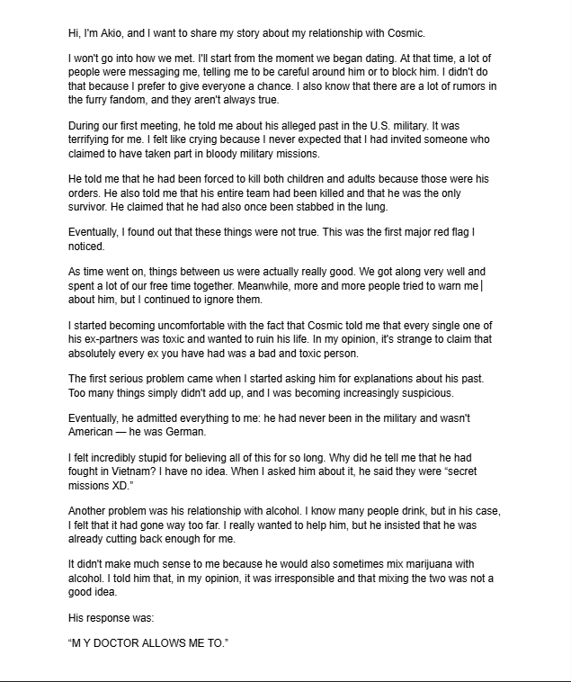 AkioYeen's tweet photo. I'd like to share my story with you and talk about how difficult a toxic relationship can be. Normally, I wouldn't post this, but I feel bad that I kept some things hidden that should have been reported.@CosmicBluefire https://t.co/32EsvSaHRC