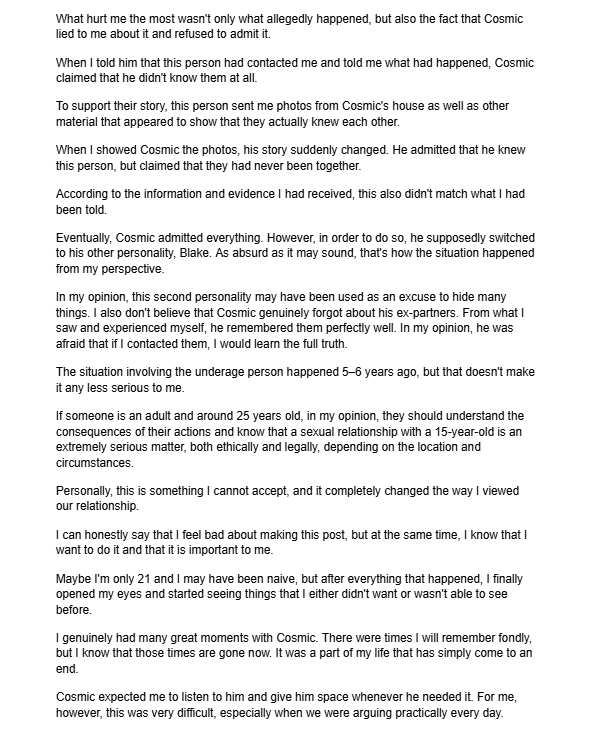 AkioYeen's tweet photo. I'd like to share my story with you and talk about how difficult a toxic relationship can be. Normally, I wouldn't post this, but I feel bad that I kept some things hidden that should have been reported.@CosmicBluefire https://t.co/32EsvSaHRC