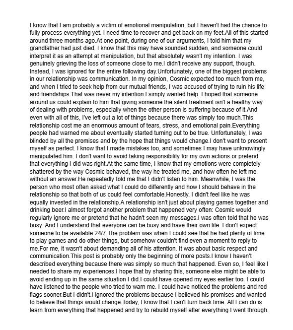 AkioYeen's tweet photo. I'd like to share my story with you and talk about how difficult a toxic relationship can be. Normally, I wouldn't post this, but I feel bad that I kept some things hidden that should have been reported.@CosmicBluefire https://t.co/32EsvSaHRC