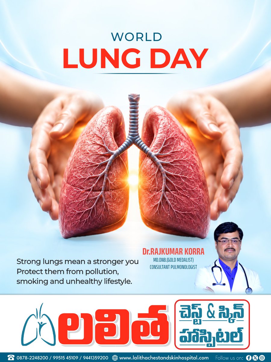 LalithaHospital's tweet photo. 🌍🫁 World Lung Day 2026 🫁🌍

ఈ సందర్భంగా శ్వాసకోశ ఆరోగ్యం యొక్క ప్రాముఖ్యతను గుర్తుచేసుకుందాం. ఆరోగ్యకరమైన జీవనశైలి మరియు మంచి అలవాట్లు మన మొత్తం శ్రేయస్సుకు తోడ్పడతాయి.

📍 లలిత ఛెస్ట్ &amp; స్కిన్ హాస్పిటల్, కరీంనగర్
🌐 https://t.co/xFnNHhmHHM

#WorldLungDay2026 #LungHealth https://t.co/ogWnC2tj3x