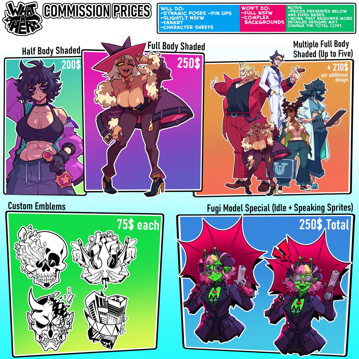 WhatATrueHero's tweet photo. in light of recent webcomic news, my comms are now open indefinitely.

I'm now also making custom emblems and VC sprites.

there is no slot limit, send in inquiries to the form in this thread as many times as you want. https://t.co/1TEqCVgmHq