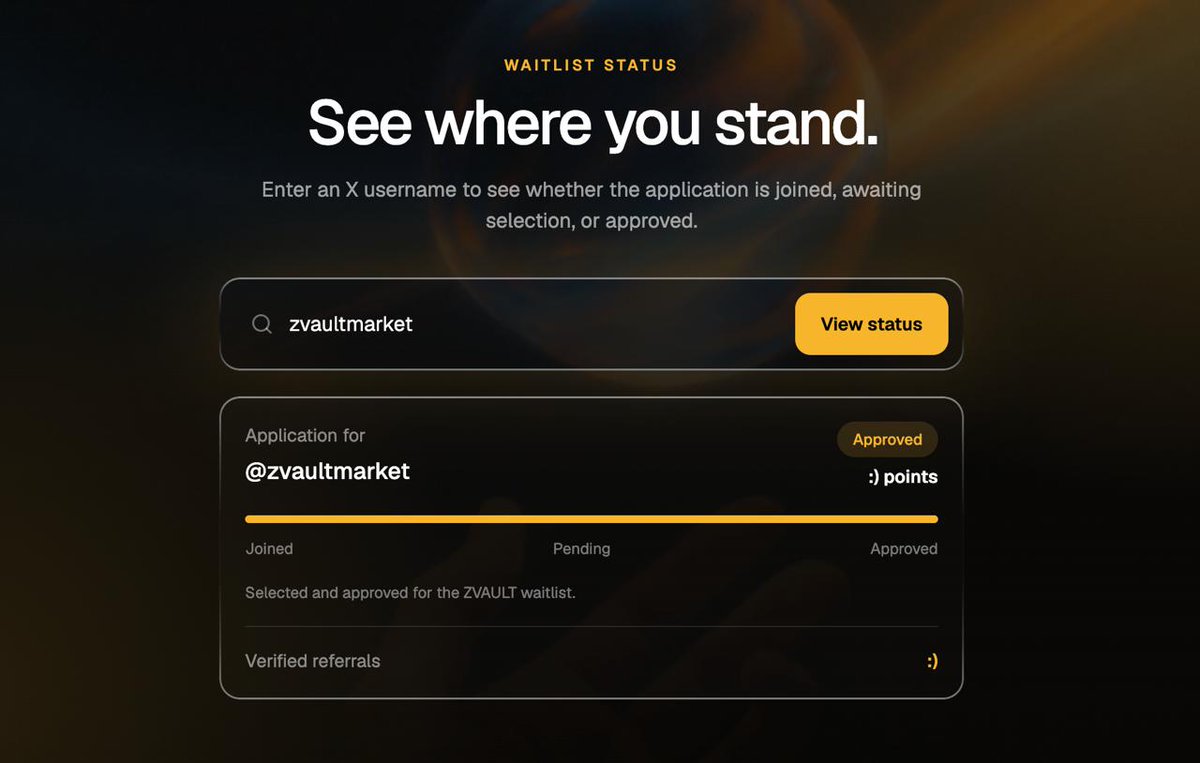zvaultmarket's tweet photo. ZVault applications are closing soon! 

If you haven’t applied yet, you can complete your application using the link below:

https://t.co/S4Y1wB1CEx

If you’ve already applied, you can check your application status in the STATUS section.

Stay with ZVault. https://t.co/ADJlAcVIWV