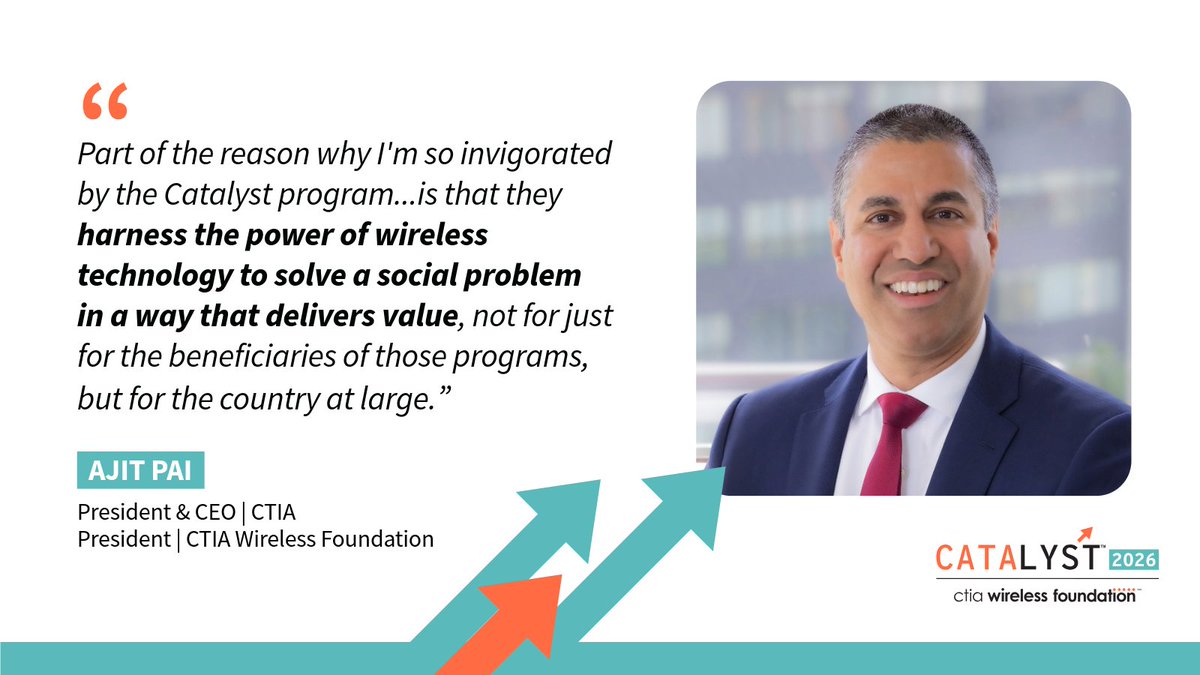 WirelessFdn's tweet photo. During our #Catalyst2026 Awards Luncheon @AjitPai, @CTIA President &amp; CEO, emphasized what's possible when social entrepreneurs leverage wireless technology and American ingenuity to drive meaningful change. https://t.co/XmmpyWb1aJ