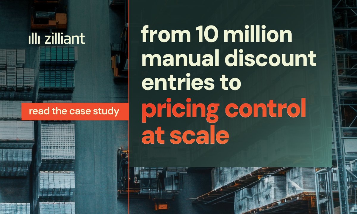zilliant's tweet photo. 🚨 10 million manual discount entries. One pricing process that could no longer scale.

This distributor partnered with Zilliant to move beyond spreadsheet- and ERP-driven pricing with Price Manager.

Read the full case study 👉 https://t.co/KdheYgYOYd

#Pricing #Distribution https://t.co/k142aXPypQ