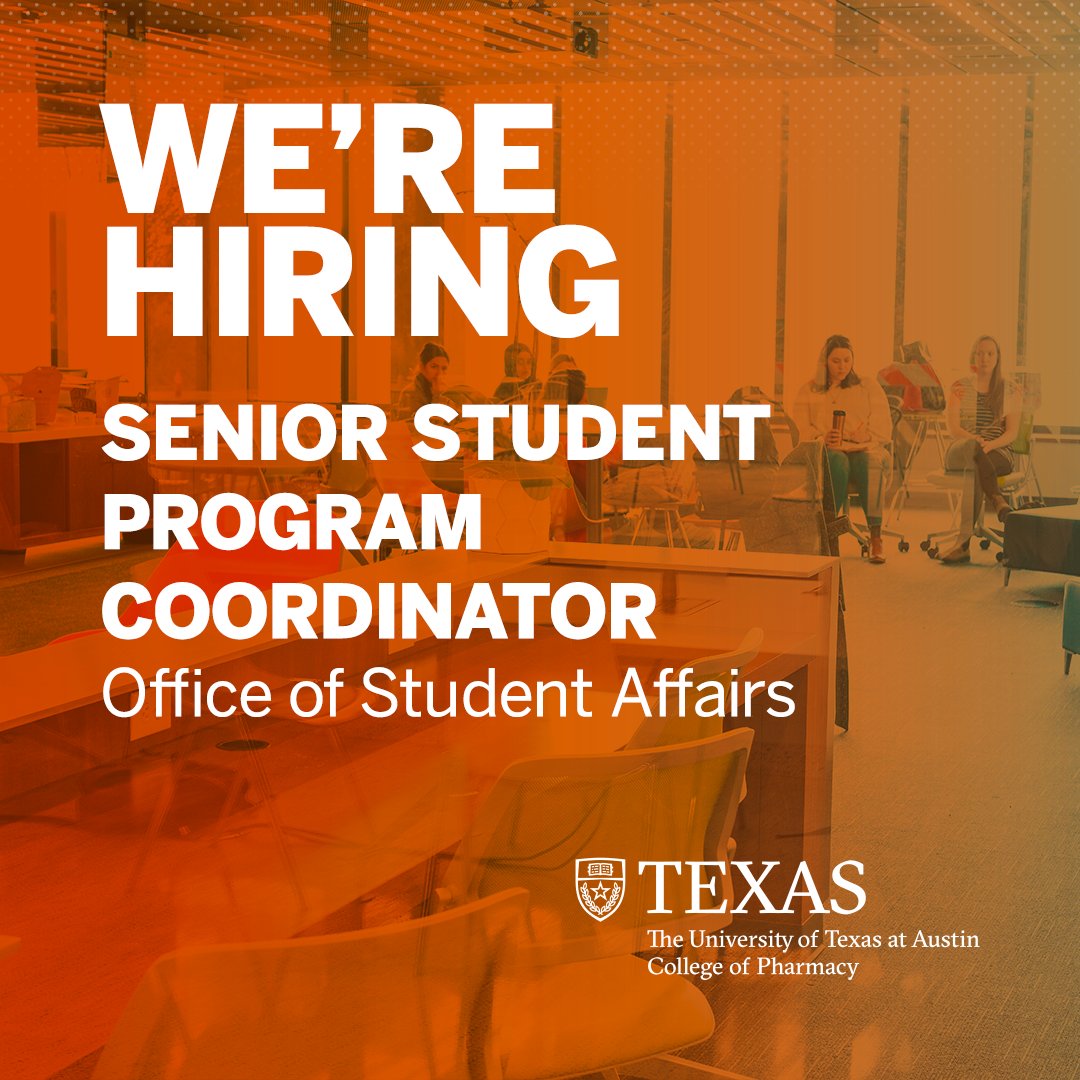 UTexasPharmacy's tweet photo. ��� We're hiring! Texas Pharmacy is seeking a Senior Student Program Coordinator to help support a vibrant, engaging Pharm.D. student experience. 🤘

External applicants: https://t.co/0ZsYp1Tquh
Current UT Austin employees: https://t.co/JiqeD2ff8o https://t.co/nE3VShtcgu