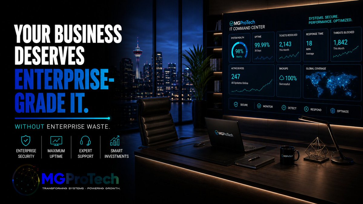 MGProTechCA's tweet photo. Enterprise-grade IT shouldn’t automatically mean enterprise-sized waste.

The real goal is simpler: secure systems, reliable uptime, expert support, and technology that scales with the business.

That means investing where it matters — not piling on tools, complexity, and cost just because “enterprise” sounds impressive.

At MGProTech, we help businesses build IT environments that are strong enough to support growth without becoming a burden.

Better systems. Smarter investment. Stronger business.

#MGProTech #ManagedIT #ITSupport #ITInfrastructure #Cybersecurity #BusinessTechnology #ITConsulting #OperationalEfficiency #BusinessContinuity #DigitalTransformation #CloudSolutions #TechForBusiness