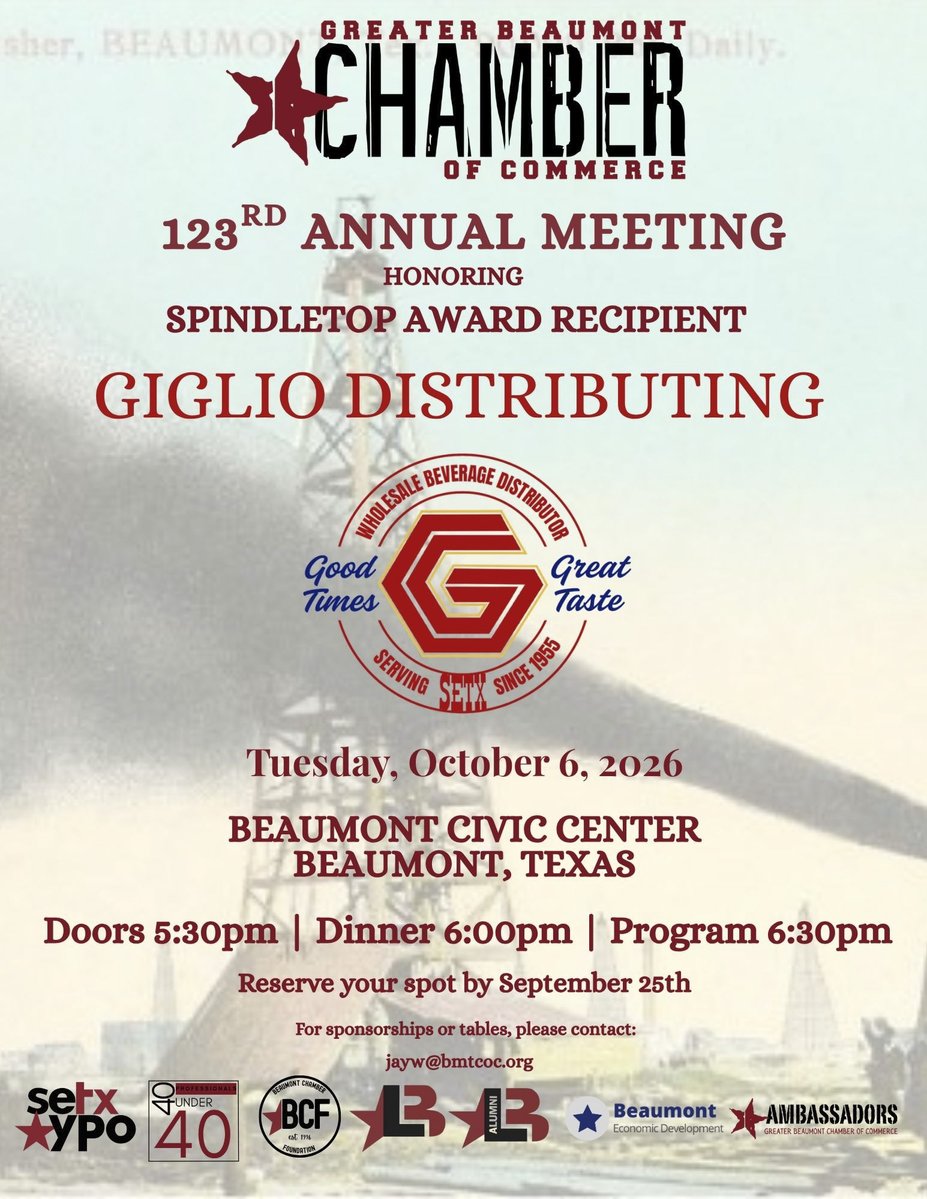 BMTChamber's tweet photo. Registration for Annual Meeting has been extended through September 25th!
For sponsorship opportunities, contact Jay Wilson at 409-838-6581 ext. 108 or jayw@bmtcoc.org.
Or reserve your table online at: https://t.co/ExbhK3jvBx
#GBCOC #BeaumontTx https://t.co/XRUSmDlN1T