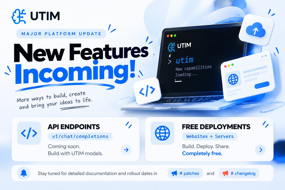 utim_ai's tweet photo. 🚀 UTIM is about to get a whole lot more powerful.

New platform features are incoming:

🔌 API Endpoints — v1/chat/completions
🌐 Free Deployments — Websites + Servers

Build more. Deploy more. Create more.
 And yes, we’re making it free. https://t.co/J6mQcchnrn