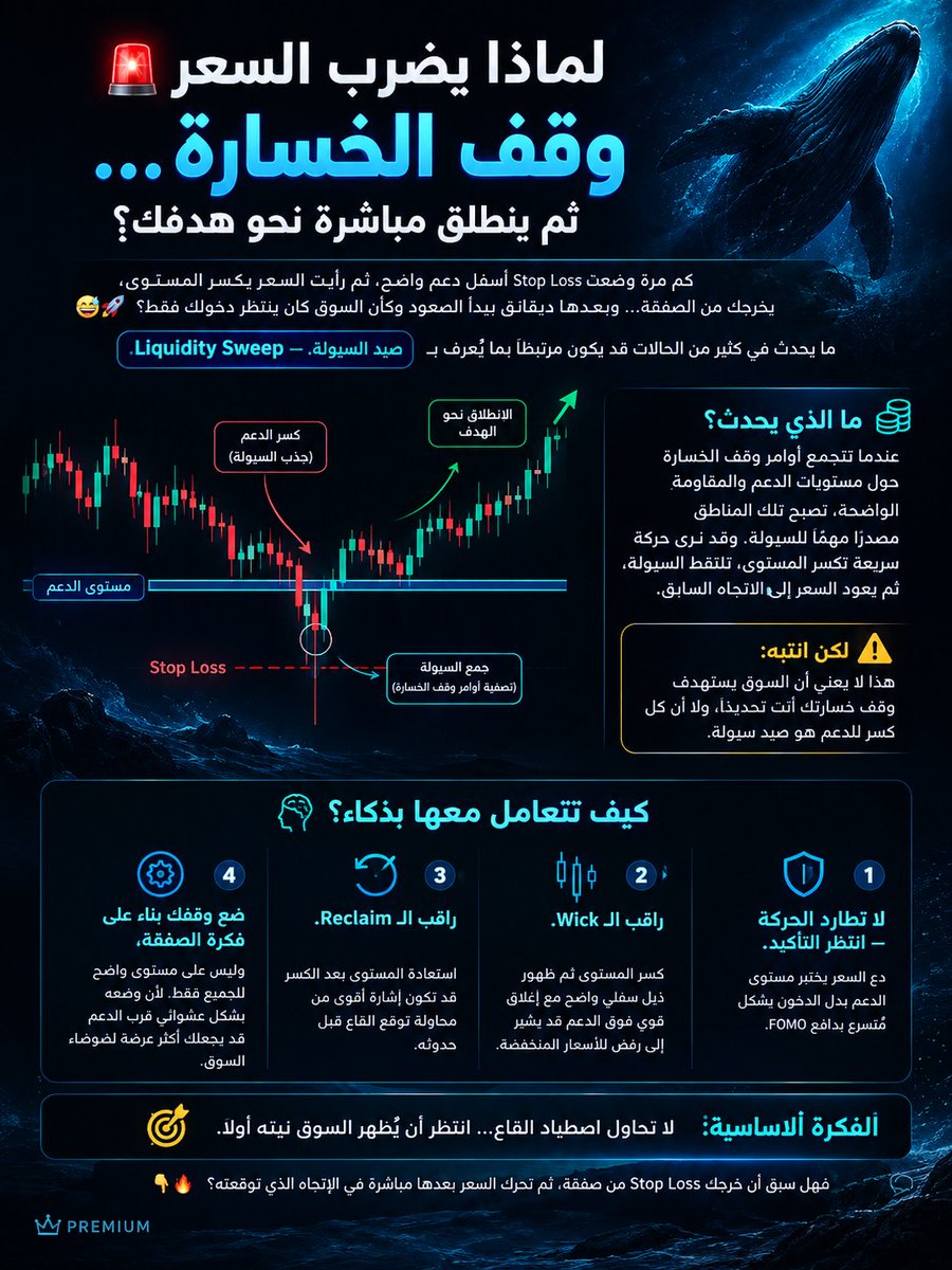 MagicoPROO's tweet photo. 🚨 لماذا يضرب السعر وقف الخسارة… ثم ينطلق مباشرة نحو هدفك؟

كم مرة وضعت Stop Loss أسفل دعم واضح، ثم رأيت السعر يكسر المستوى، يخرجك من الصفقة… وبعدها بدقائق يبدأ الصعود وكأن السوق كان ينتظر دخولك فقط؟ 😅🚀

ما يحدث في كثير من الحالات قد يكون مرتبطًا بما يُعرف بـ Liquidity Sweep — صيد السيولة.

عندما تتجمع أوامر وقف الخسارة حول مستويات الدعم والمقاومة الواضحة، تصبح تلك المناطق مصدراً مهماً للسيولة. وقد نرى حركة سريعة تكسر المستوى، تلتقط السيولة، ثم يعود السعر إلى الاتجاه السابق.

⚠️ لكن انتبه: هذا لا يعني أن السوق يستهدف وقف خسارتك أنت تحديدًا، ولا أن كل كسر للدعم هو صيد سيولة.

🧠 كيف تتعامل معها بذكاء؟

لا تطارد الحركة — انتظر التأكيد.
دع السعر يختبر مستوى الدعم بدل الدخول بشكل متسرع بدافع FOMO.

راقب الـ Wick.
كسر المستوى ثم ظهور ذيل سفلي واضح مع إغلاق قوي فوق الدعم قد يشير إلى رفض للأسعار المنخفضة.

راقب الـ Reclaim.
استعادة المستوى بعد الكسر قد تكون إشارة أقوى من محاولة توقع القاع قبل حدوثه.

ضع وقفك بناءً على فكرة الصفقة، وليس على مستوى واضح للجميع فقط.
لأن وضعه بشكل عشوائي قرب الدعم قد يجعلك أكثر عرضة لضوضاء السوق.

🎯 الفكرة الأساسية:
لا تحاول اصطياد القاع… انتظر أن يُظهر السوق نيته أولًا.

فهل سبق أن خرجك Stop Loss من صفقة، ثم تحرك السعر بعدها مباشرة في الاتجاه الذي توقعته؟ 👇🔥

#Trading #CryptoTrading #TechnicalAnalysis #TA #DayTrading #TradingPsychology #BullMarket #تداول #تحليل_فني