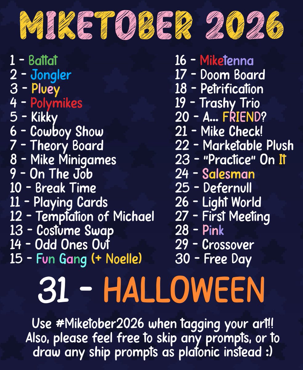 teneberry's tweet photo. ONLY A WEEK TO GO UNTIL THE START OF #MIKETOBER2026!!! i came up with a list of drawing prompts for anybody that wants to participate this year 💖 https://t.co/pw9j8HQ72B
