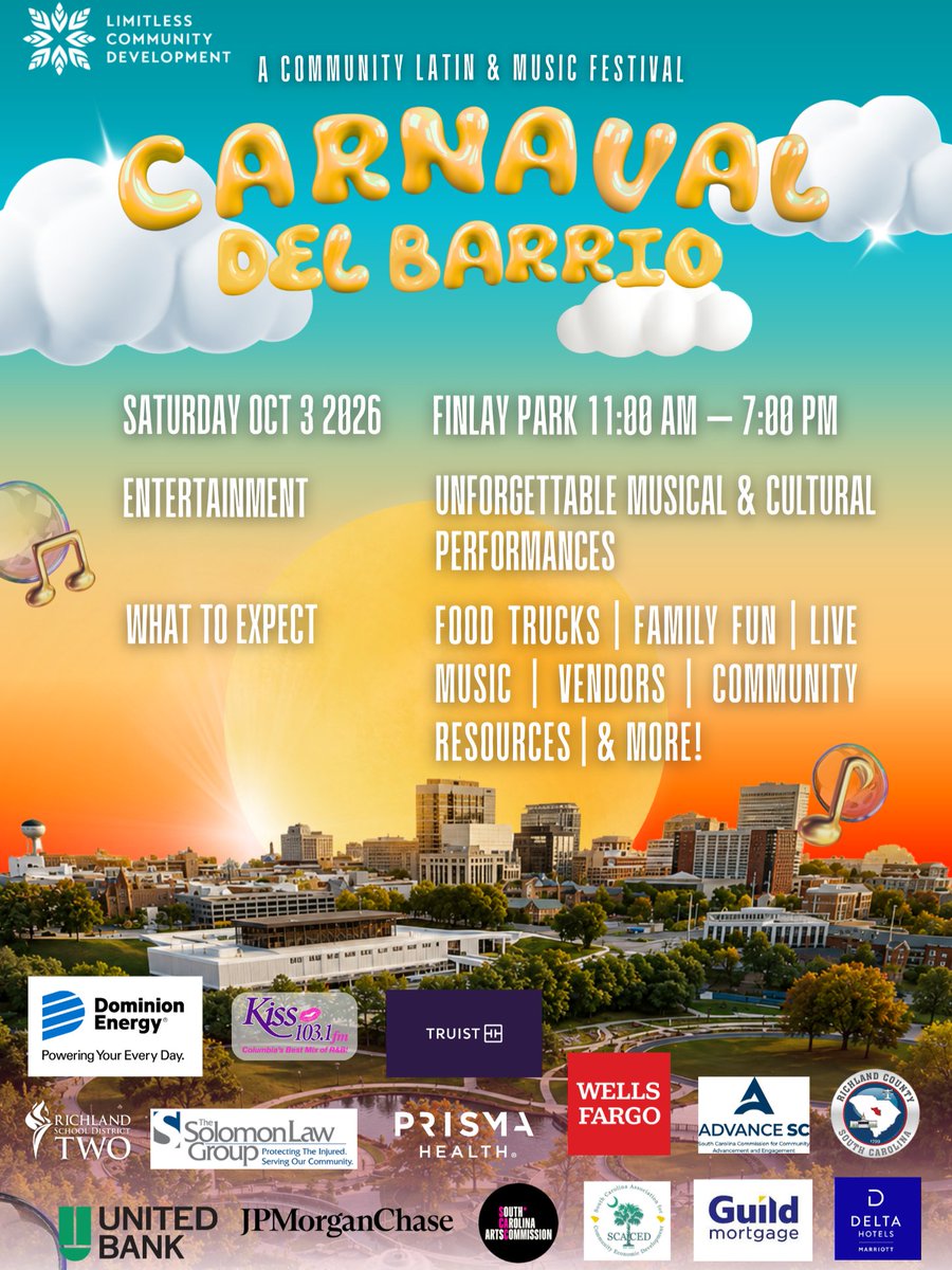 RichlandTwo's tweet photo. Richland Two family - MEET US AT THE CARNAVAL!
Carnaval del Barrio is coming to Finlay Park on October 3! Enjoy live music, food trucks, vendors, family fun, community resources and MORE! 
#CarnavalDelBarrio https://t.co/lz2lvVrRxq