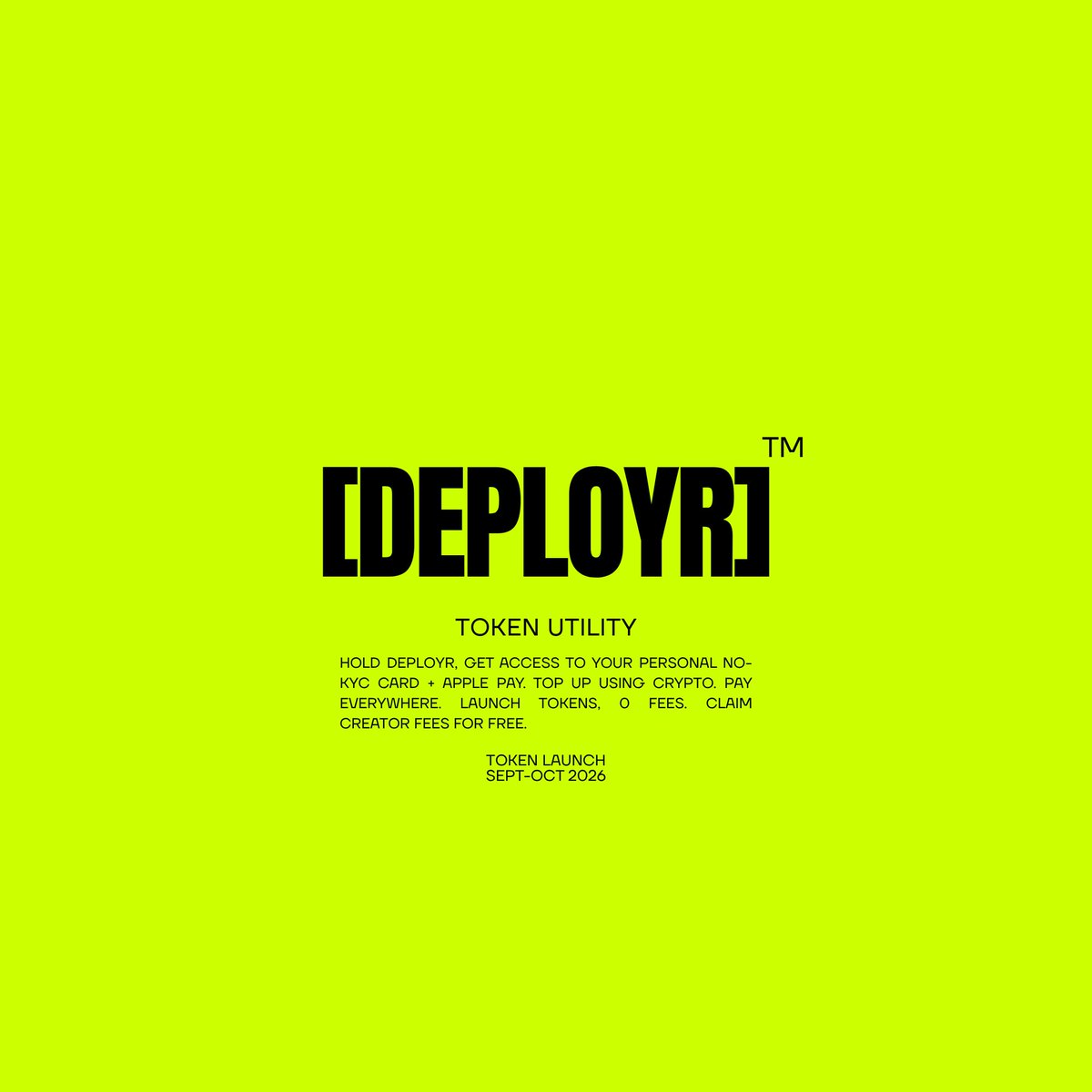 HeyDeployr's tweet photo. Hey Deployr, what will the token utility be?

When we first launched deployr this year, we were the first twitter omni-agent launchpad with a proof of belief system to
back token utility.

But now the game has changed, many others vibecoded what we built. This is why we decided to innovate once again.

By holding our upcoming Deployr token, you will get access to your personal NO-KYC mastercard + ApplePay, GooglePay & SamsungPay, with the lowest fees in crypto. Top up using crypto. Pay everywhere.

We know everyone has been asking: Wen launch? 

We will announce the date on twitter. The launch won't be secret. You will know exactly wen.