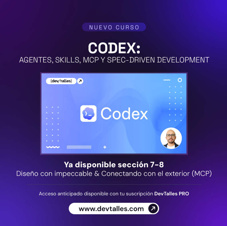 DevTalles's tweet photo. 🤖 ¡Actualizado el curso en construcción: #Codex agentes, skills, MCP y SpecDriven Development!
✅ Sección 7 y 8: Diseño en #Impeccable & Conectando con exterior #MCP
🚀 Obtén acceso anticipado con una Suscripción PRO, desde tu portal de estudiante o en: https://t.co/Imy7OLs291 https://t.co/ANdE98Uqb5