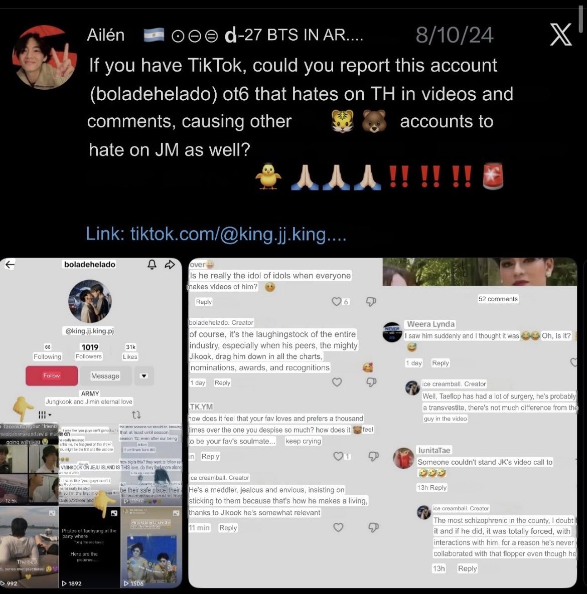 reportTHV_INDIA's tweet photo. The audacity of jikookers to deflect from the threats directed at🐯by spreading misinfo &amp; shielding that user,when that acc has been targeting him since 2023

https://t.co/DRfFO92lUZ
https://t.co/MdEcHceVsd
https://t.co/ribyWN3YFP
https://t.co/BILQffLPiR
https://t.co/FbMatUxoAc https://t.co/UDp5L6A7hi