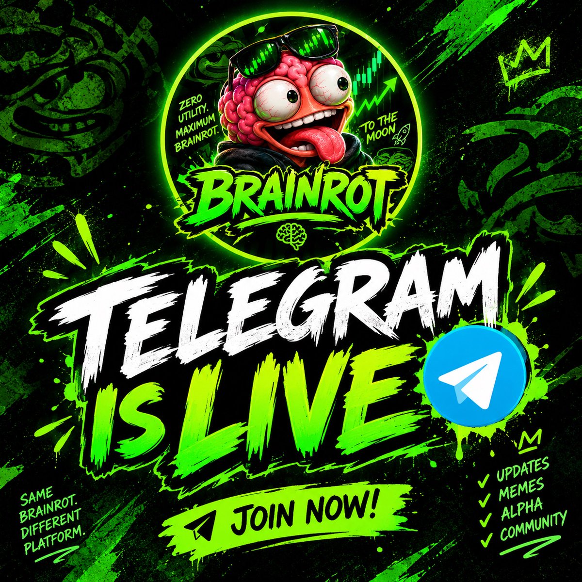BrainrotBase's tweet photo. 🧠🚨 BRAINROT TELEGRAM IS LIVE!

Come for the memes. Stay for the chaos. 🟢🔥
Join now. 🧠🚀

📲 Join the Telegram. https://t.co/gnvkx6Nk3g
Your brain won’t thank you.
BRAINROT will. 🧠🚀

#BRAINROT #Telegram #Crypto #Memecoin #Web3 https://t.co/YnaHbKsEh5