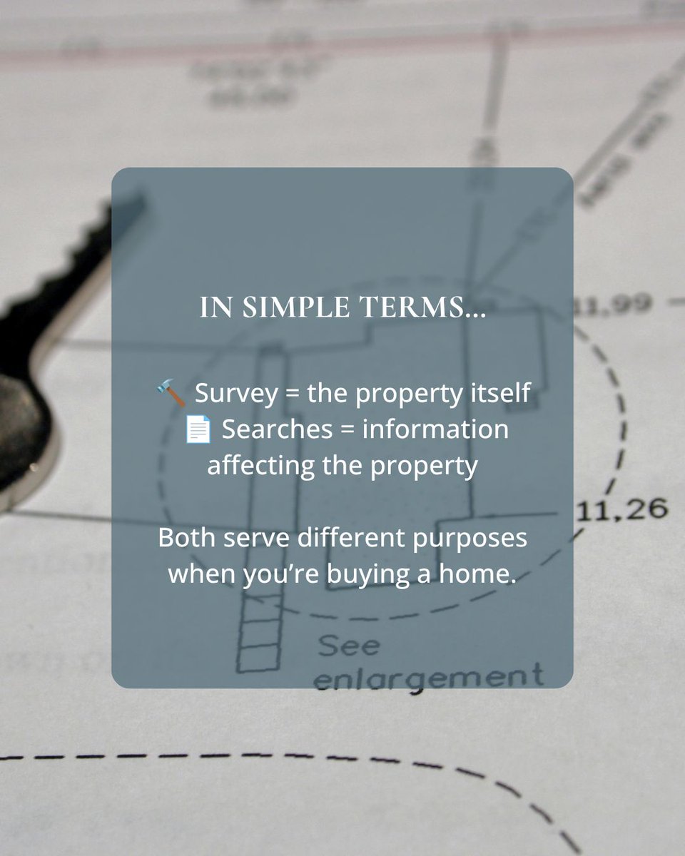 BryanAndMercer's tweet photo. Survey vs searches ๐
๐จ Survey = primarily looks at the propertyโs physical condition.
๐ Searches = provide information about matters that may affect the property.
Different jobs, both important parts of buying a home.
#Conveyancing #BuyingAHome #FirstTimeBuyer https://t.co/K2HDnCuiyG