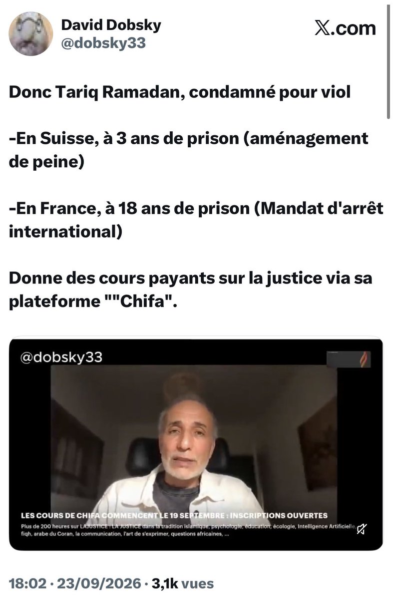 HendaAyari5's tweet photo. Je suis en colère.Vraiment en colère !😡 😡

En 2017, j’ai été la première femme en France à porter plainte contre Tariq Ramadan. À partir de ce jour-là, ma vie a basculé.J’ai été insultée, menacée, humiliée, traitée de menteuse.On a fouillé ma vie, mon passé, essayé de me salir et de me faire taire.J’ai tenu pendant toutes ces années et je sais ce que cela m’a coûté.

En mars dernier, Tariq Ramadan a été condamné en France à 18 ans de réclusion criminelle pour les viols de trois femmes. Il ne s’est pas présenté à son procès et un mandat d’arrêt a été délivré. En Suisse, sa condamnation pour viol et contrainte sexuelle à trois ans de prison,dont un an ferme, est désormais définitive.

Et aujourd’hui, j’apprends quoi ?

Que Tariq Ramadan donne tranquillement des cours sur la justice depuis Genève,alors c’est ça la justice ?!

En tant que victime, je suis révoltée, je regarde autour de moi et je me demande ou sont les grandes associations féministes ? Où sont celles et ceux qui répètent qu’il faut soutenir les victimes de violences sexuelles ?Où sont les indignations, les tribunes, les mobilisations ? Parce que moi, ce silence, je l’entends. Je l’ai entendu pendant toutes ces années où j’ai dû me battre, souvent très seule, pendant que certains détournaient les yeux car mon affaire dérangeait.

Il ne peut pas y avoir de bonnes et de mauvaises victimes. On ne défend pas une femme victime de viol uniquement quand son histoire correspond à ses combats politiques ou idéologiques. Quand l’homme condamné s’appelle Tariq Ramadan, petit-fils d’Hassan al-Banna, fondateur des Frères musulmans, est-ce que cela devient tout à coup plus compliqué de défendre les femmes ? Moi, je pose la question.

Je n’ai pas parlé en 2017 pour devenir un symbole. J’ai parlé parce que j’avais subi un viol, parce que je voulais que justice soit faite et parce que je refusais de me taire.
Aujourd’hui, ce qui me révolte, c’est aussi de voir à quel point certaines indignations sont sélectives. Où sont celles qui parlent de sororité ? Où sont celles qui disent croire et soutenir les victimes ? Pourquoi ce silence ?

Tariq Ramadan est toujours protégé grâce a son réseau et un système puissant. Condamné pour viol, il continue son business, ses formations et son influence islamiste sur les réseaux sociaux depuis Genève. 

Fanny Bauer-Motti, sa maîtresse et l’un de ses soutiens les plus fidèles, pilote aujourd’hui le Centre Chifa,  j’ai eu accès au dossier judiciaire et j’ai vu de mes yeux les éléments concernant leur relation. Des lettres et une centaine de photos pornographiques d’elle ont été retrouvées dans le PC de son gourou. Elle a été la principale initiatrice de la campagne de persécution des plaignantes durant neuf ans. Elle n’a aucune limite, des plaintes ont été déposées contre cette femme qui se sent toute puissante et qui se croit tout permis parce qu’elle bénéficie du soutien de son amant gourou, Tariq Ramadan et de certains réseaux du Qatar. C’est ce qui lui a permis de s’enrichir considérablement.

Ces gens agissent comme une véritable mafia et ont fait de l’islam leur Business, maintenant, ils organisent des cours sur la justice. Il fallait oser ! s’il existe des financements publics français ou Suisse bénéficiant à ces activités, cela doit être mis au grand jour. Il faut aussi mettre en lumière le système qui lui permet de continuer, ceux qui le soutiennent, ceux qui travaillent avec lui, lui donnent une tribune et ceux qui financent ses activités.

Nous, les victimes, avons payé pendant des années le prix d’avoir parlé. Lui continue son business et ça propagande islamiste, entouré de ses soutiens et se permet aujourd’hui de donner des leçons de justice.

C’est une gifle pour les victimes et je refuse de me taire devant ça. La place du violeur Tariq Ramadan est en prison ! Il serait temps que justice soit faite jusqu’au bout une bonne fois pour toute ! Je dénoncerai un par un tous ceux qui protègent ce violeur, en particulier à Genève.

Henda Ayari