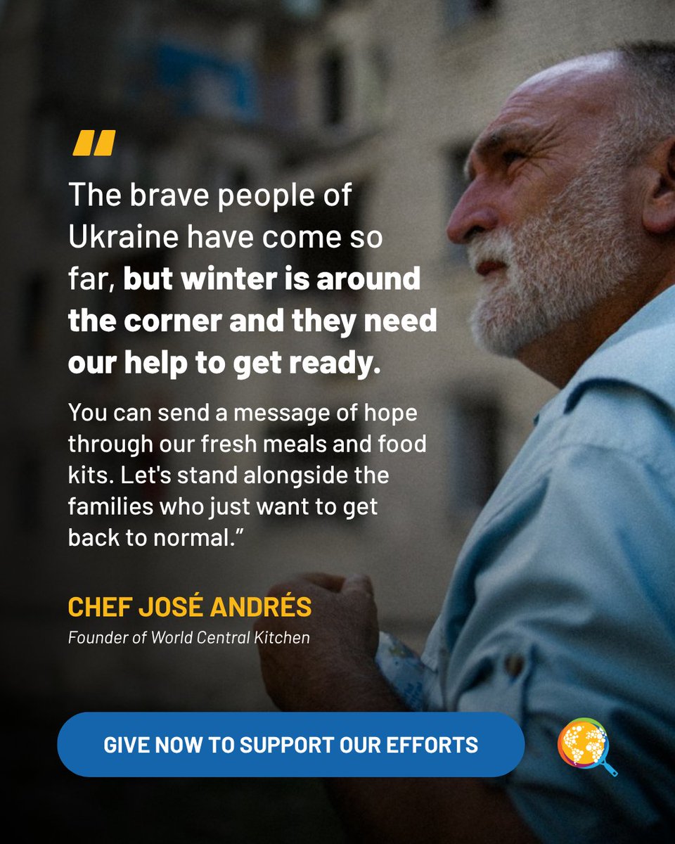 WCKitchen's tweet photo. Ukrainians are facing increasing civilian attacks, displacement, and strikes on energy and health infrastructure. Give today to help WCK provide meals and food kits to impacted families.
