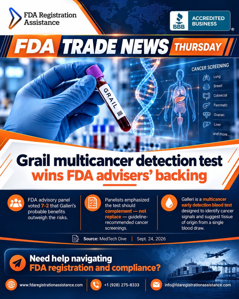 fda_assistance's tweet photo. FDA TRADE NEWS THURSDAY🧬🩸
FDA advisers voted 7–2 that GRAIL’s Galleri multicancer blood test’s benefits outweigh its risks.

The panel stressed: complement, not replace existing cancer screenings.

🔗 https://t.co/P8cyBofwkF

#FDA #GRAIL #MedTech #EarlyCancerDetection https://t.co/9wGFLyojqL