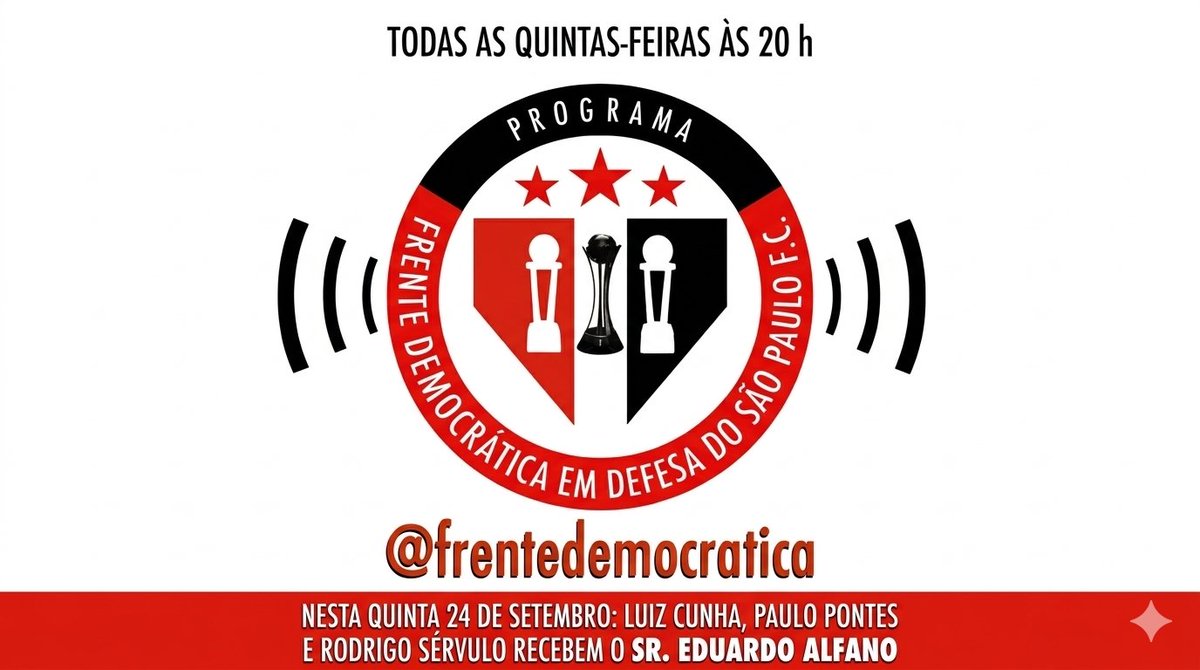 FrenteSPFC's tweet photo. O programa da Frente Democrática em Defesa do São Paulo F.C. recebe hoje Eduardo Alfano, candidato a vice-presidente do clube na chapa de oposição, às 20h no youtube.

https://t.co/vznqgDDLeo https://t.co/9HVgIFBPFP