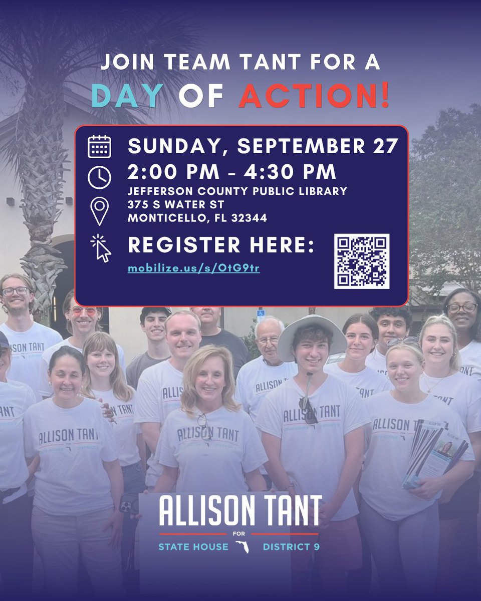 AllisonTantFL's tweet photo. This Sunday, join Team Tant for a Day of Action in Jefferson County! We’ll be talking to our neighbors about the importance of this race and ensuring they have a plan to vote. Sign up here if you can make it: https://t.co/xkwbQeX0af https://t.co/CPXTViNt6W