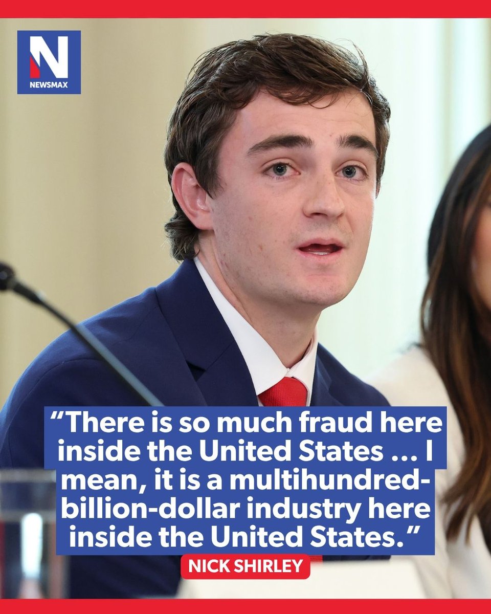 NEWSMAX's tweet photo. FRAUD FLOOD: Independent journalist Nick Shirley told Ed Henry Tuesday that he believes fraud in the U.S. has reached staggering levels, claiming Americans can’t “actually comprehend how much fraud there is.” https://t.co/MCHdN5zq0m