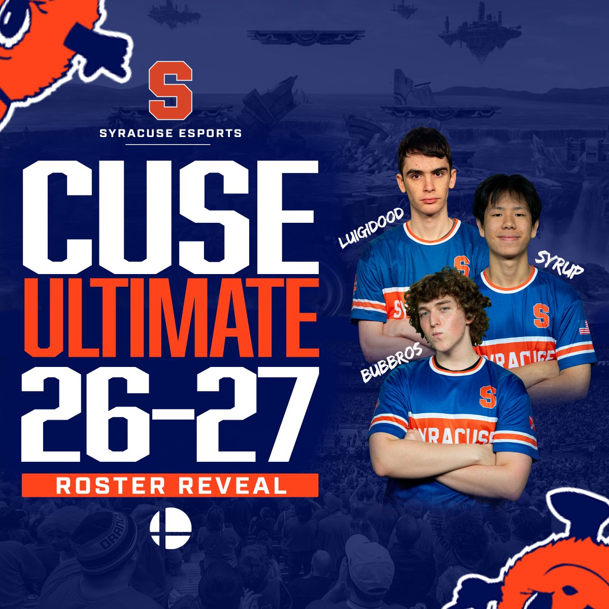 Cuse_Esports's tweet photo. 🚨 NEW CHALLENGERS APPROACHING 🚨  
Syracuse Esports is locked in for the 2026–27 season. Meet the crew:  

🥊 Zachary “Scooby” Garby 👑 
 🟫 Andrew “Syrup” Mo 
🐉 Tahlia “tahlia” Un 
🪀 Jack “Bubbros” Bub 
🔥 Zachary “LuigiDood” Colyer 
🃏 Drew "jrue" Killmer  

🧠 Nikita “nicklebackair” Bair  

Time to smash the scene.
