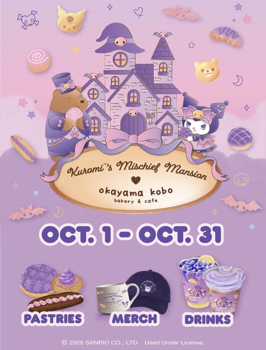 sanrio's tweet photo. Spooky season is approaching and it's time to get mischievous... Kuromi's Mischief Mansion x Okayama Kobo Bakery &amp; Cafe is coming soon to all CA locations starting October 1st! 🎃💜🥐

All October long, enjoy exclusive merchandise and Kuromi themed treats and drinks to celebrate! https://t.co/9DYh8aRbF5