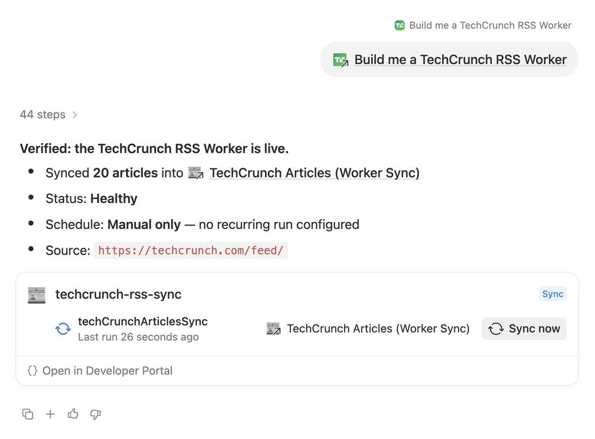 8pq's tweet photo. IF YOU'VE NEVER BUILT A NOTION WORKER, try this:

1. add this skill https://t.co/cKUHpxq1kI to Notion
2. trigger the skill in Notion Agent  

this will automatically build a Notion Worker that syncs articles from an RSS feed to a Notion database.

modify this prompt to sync nearly ANY tool (hubspot, zendesk, salesforce, etc) to Notion without any coding agent