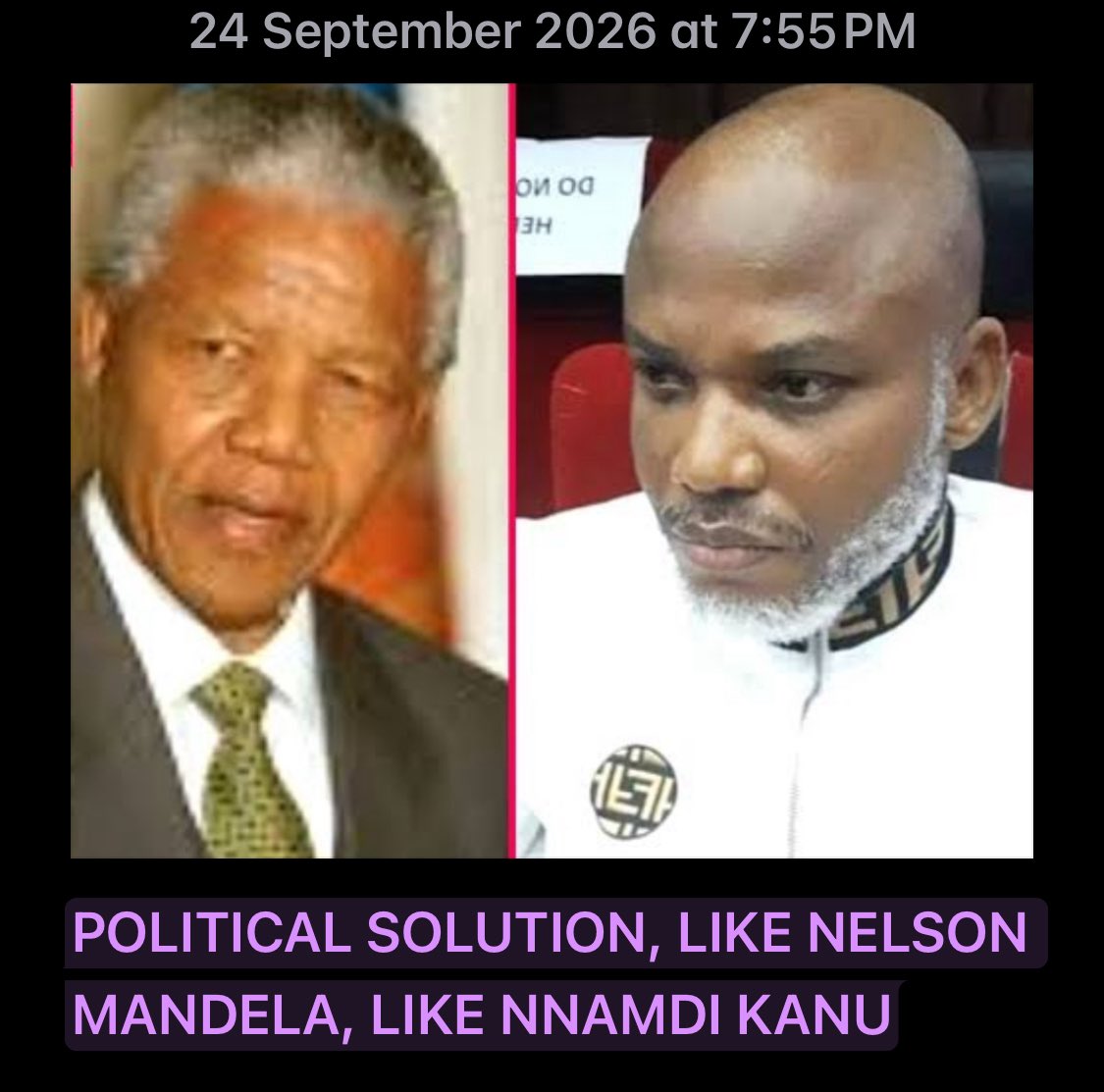 AloyEjimakor's tweet photo. To those who are sincerely wondering what is being done about political solution to MAZI NNAMDI KANU’s case, hear this: Like Nelson Mandela, #MNK remains open to political solution that will make sense.

To this end, the discreet discussions that commenced late last year have not been terminated. And a Southeast governor, his family, my humble self and a trusted few are all involved, proactively. This does not mean that pertinent legal maneuverings will be downgraded.

And to the dismay of Mazi Kanu’s traducers, the aggressive social media spotlight on his case will continue, intensively, because again, like the case of Mandela, the public is the jury in this matter, and the media is the only vehicle that nurtures public participation.

Thank you!