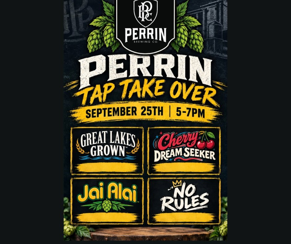 Crunchys's tweet photo. Tomorrow at Crunchy’s: Perrin Tap Takeover!
Stop in from 5pm-7pm and try Great Lakes Grown, Cherry Dream Seeker, Jai Alai and No Rules. https://t.co/vV1xl0tAsX