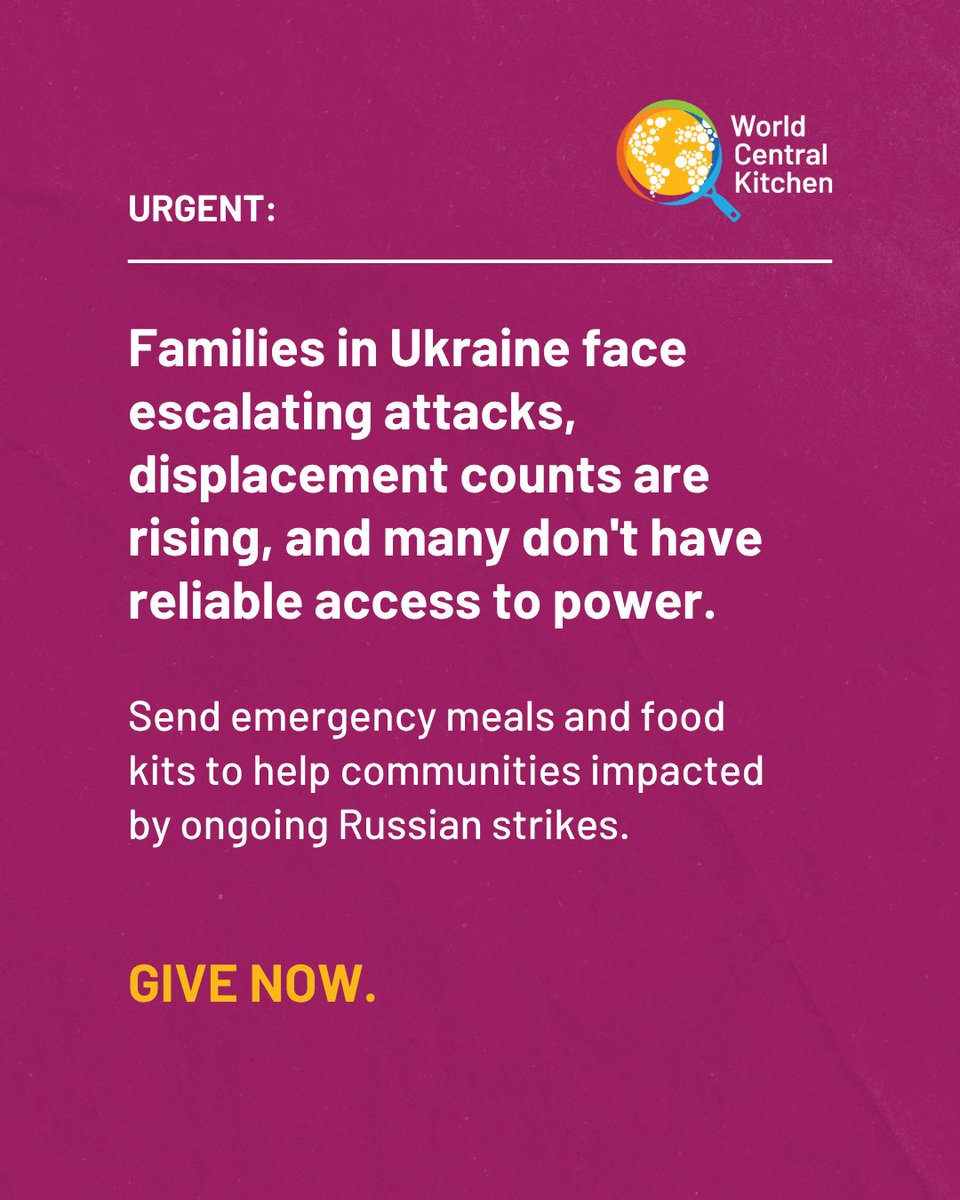 WCKitchen's tweet photo. As the attacks on Ukraine persist, so do families’ needs. We're preparing emergency meals as communities are displaced and food kits so families can feed themselves. Give now to support these efforts.